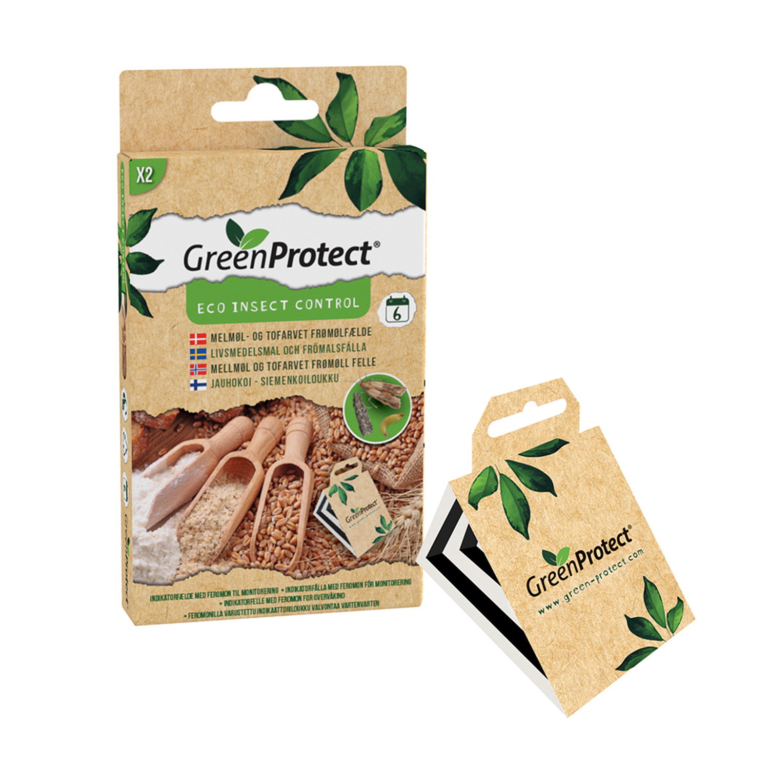GreenProtect Melmølfælde - 2 stk | Giftfri feromonfælde til køkken og skab GreenProtect Melmølfælde 2 stk – eco, giftfri feromonfælde til overvågning og bekæmpelse af melmøl i køkken, viktualierum og skabe; diskrete limfælder der fanger han-melmøl og bryder formeringscyklussen