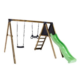 NORDIC PLAY Active gyngestativ i trykimprægneret træ med climb modul og platform, sort gyngesæde, sort trapezgynge og grøn rutsjebane