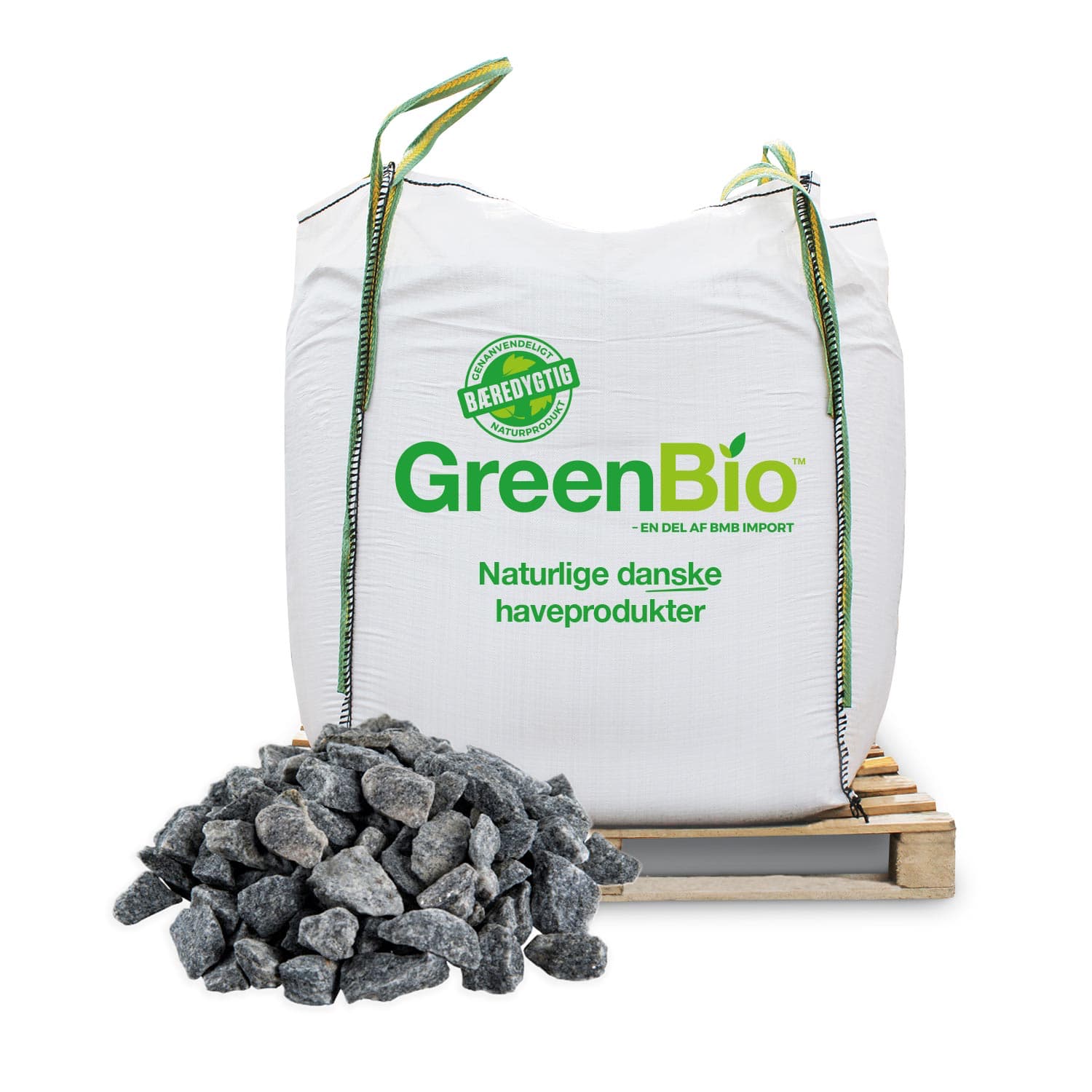 Stor GreenBio bigbag med granitskærver på palle
