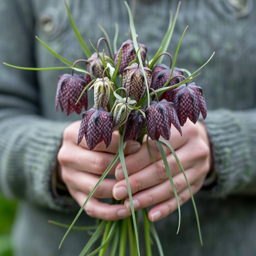 Bukket af Vibeæg (Fritillaria meleagris) med karakteristiske ternede, klokkeformede blomster i hvidt og rødt, ideel for have eller plantekasser – produkt: 15 løg fra Sperli.