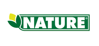 NATURE-logo med hvid tekst i grønt rektangel, dobbelt grøn ramme og et stiliseret blad i grøn og gul på sort baggrund