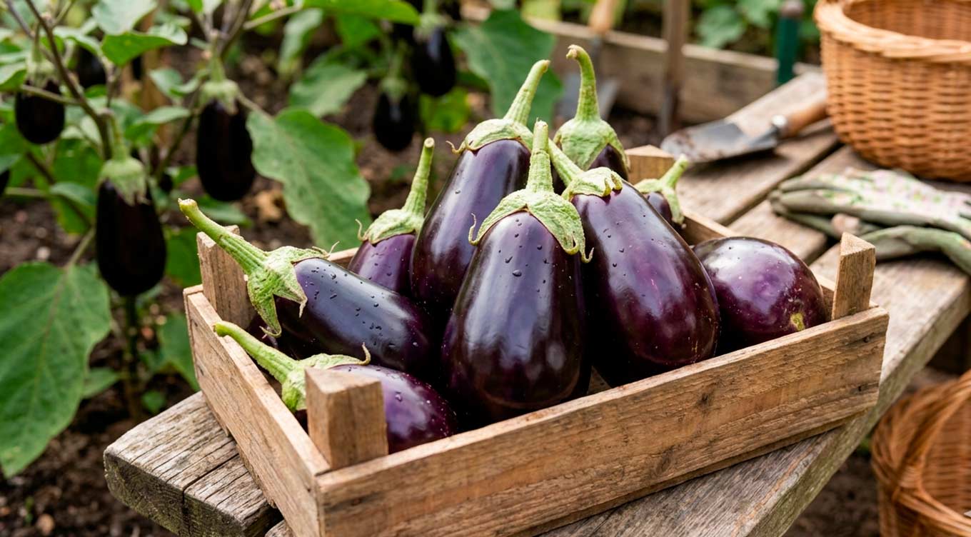 Mørkelilla auberginer med grønne stilke i en rustik trækasse på et havebord, med aubergineplanter og kurve i baggrunden
