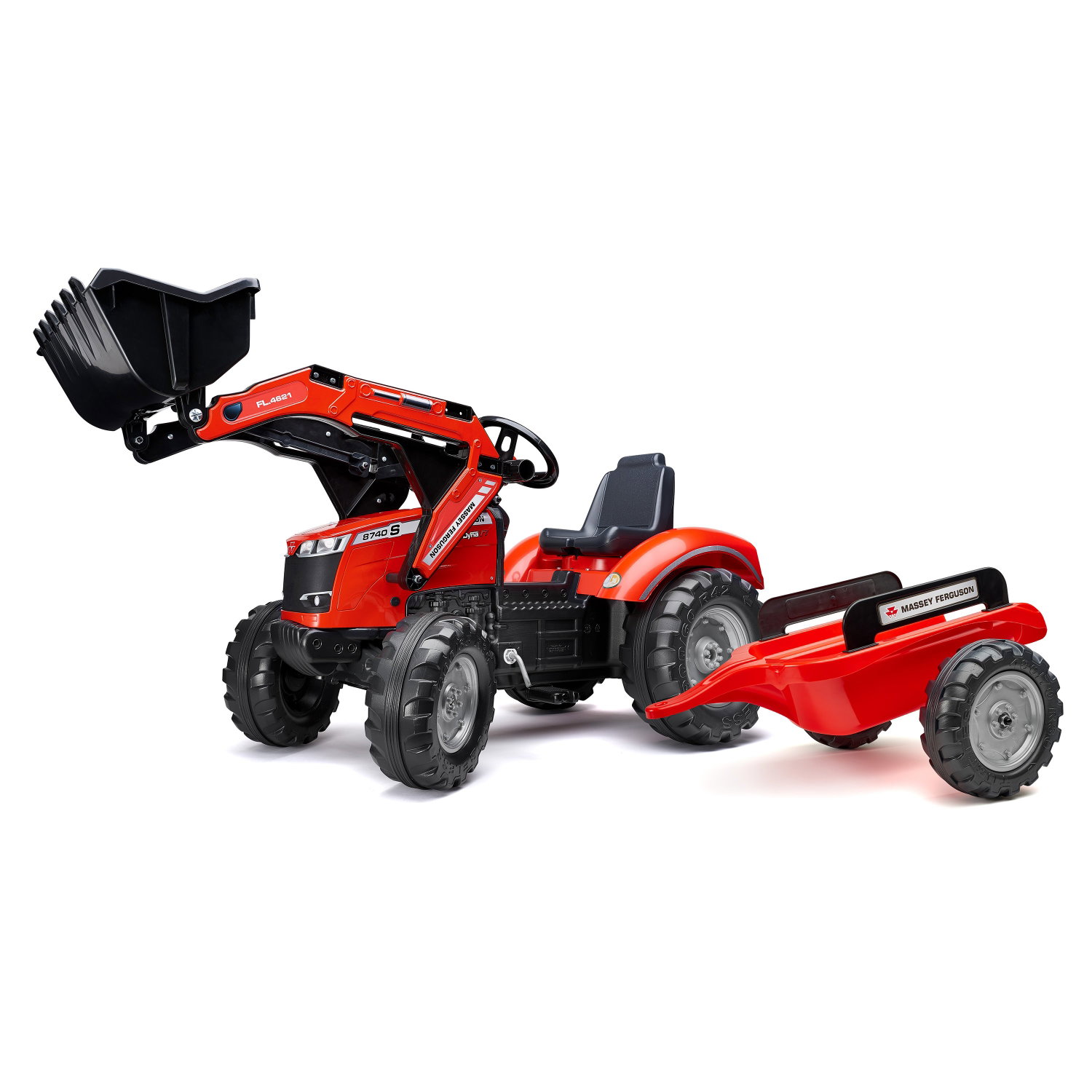 Rød pedaltraktor med læsser og trailer til børn Rød børnepedaltraktor med frontlæsser og trailer