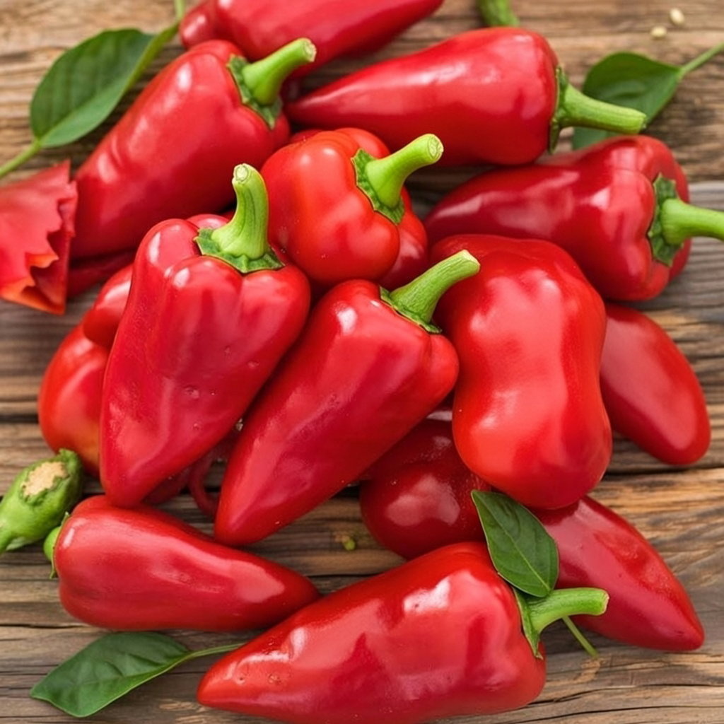 Røde Piquillo snackpebre (økologiske) fra Buzzy Organic lagt på træbord. Ca. 7 cm lange, sød og mild smag, 500–1.000 Scoville, velegnet til indendørs dyrkning og drivhus.