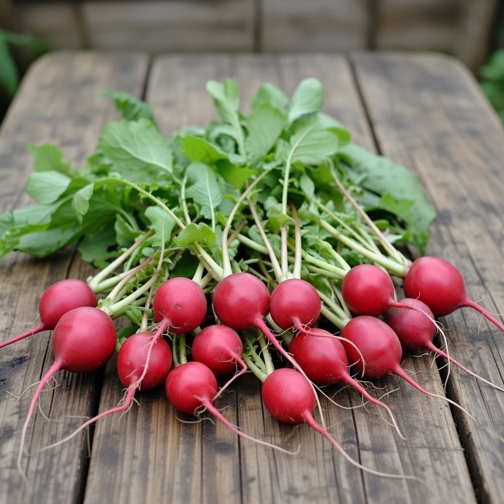 Billede af friske runde røde radiser med grønne toppe på et træbord. Produkt: Økologisk radisefrø Saxa 2 fra Buzzy Organic, nemme at dyrke, høst efter ca. 3 uger, perfekte til salat eller som snack.
