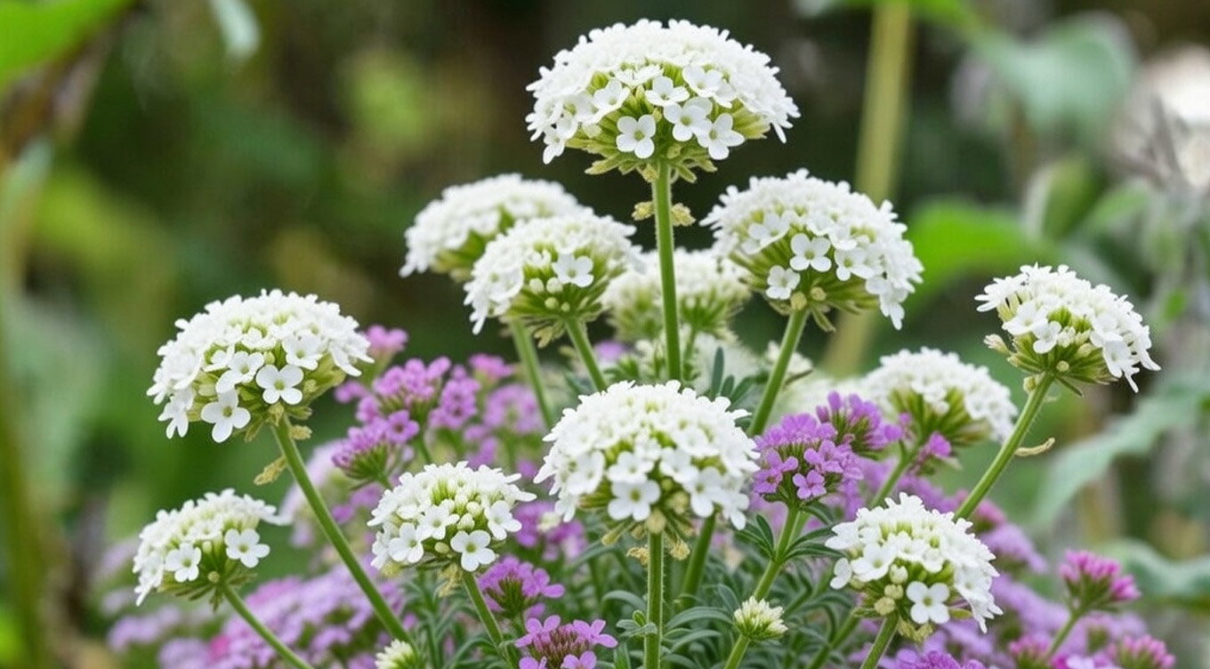 Nærbillede af hvide blomsterklaser på grønne stilke med lilla bunddække i baggrunden