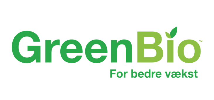 GreenBio logo i grønne bogstaver med et lille blad over bogstavet i og slagordet "For bedre vækst"