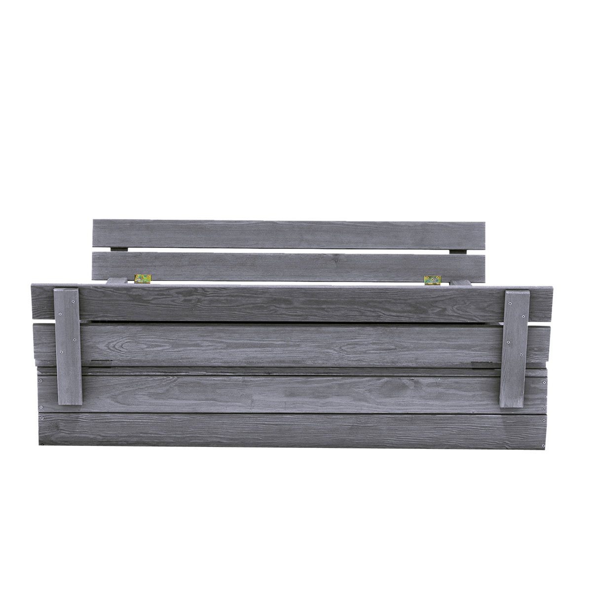 NORDIC PLAY Active sandkasse 120 x 120 cm, grå grundmalet, med vippelåg der bliver til to bænke; pladsbesparende design og beskyttelse mod snavs