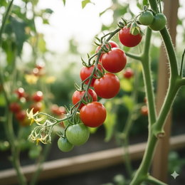 Økologisk Cerise cherrytomat frø – Buzzy Organic | Søde cherrytomater til salat og snack, egnet til drivhus og friland Klaser af modne røde og umodne grønne Cerise cherrytomater på plante; økologiske frø fra Buzzy Organic, sød smag, velegnet til salater og snacking