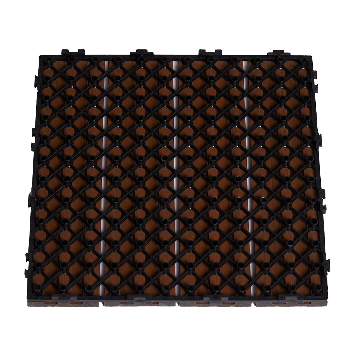 Terrasseflise komposit 30 x 30 cm 4-pak, teak HORTUS – holdbar teakfarvet terrasseflise med kliksystem Underside af HORTUS terrasseflise i komposit 30x30 cm, teakfarvet træstruktur med sort plast gitter og kliksystem; vejrbestandig, holdbar og nem at installere, ideel til terrasse og balkon