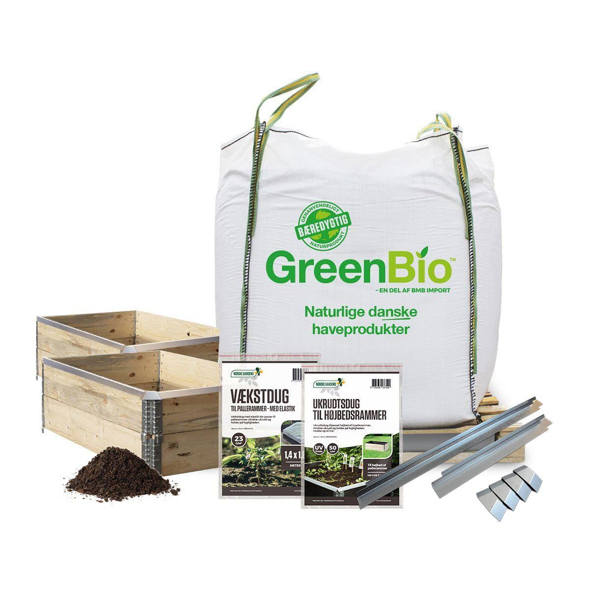 BMB komplet pakke til 2 højbede med sorte pallerammer, sneglekanter, ukrudtsdug, vækstdug og stor GreenBio jordpose (naturlige danske haveprodukter)
