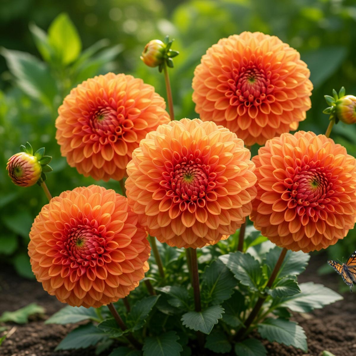 Orange pompon-dahlia 'Sylvia' i blomst på lange stængler, velegnet som snitblomst og bedkant. Økologisk georgineknold, 1 knold fra Florex