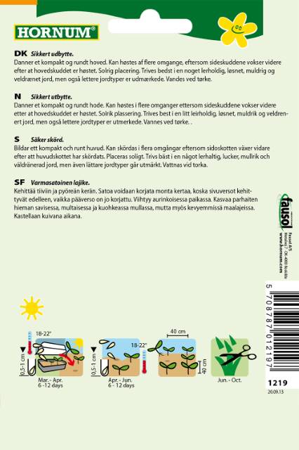 Bagside af Hornum salatfrø med dyrkningsvejledning