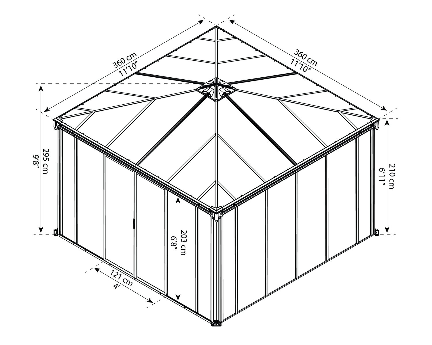 Pavillon 360x360 cm med måltegning Tegning af pavillon 360x360 cm med mål angivet