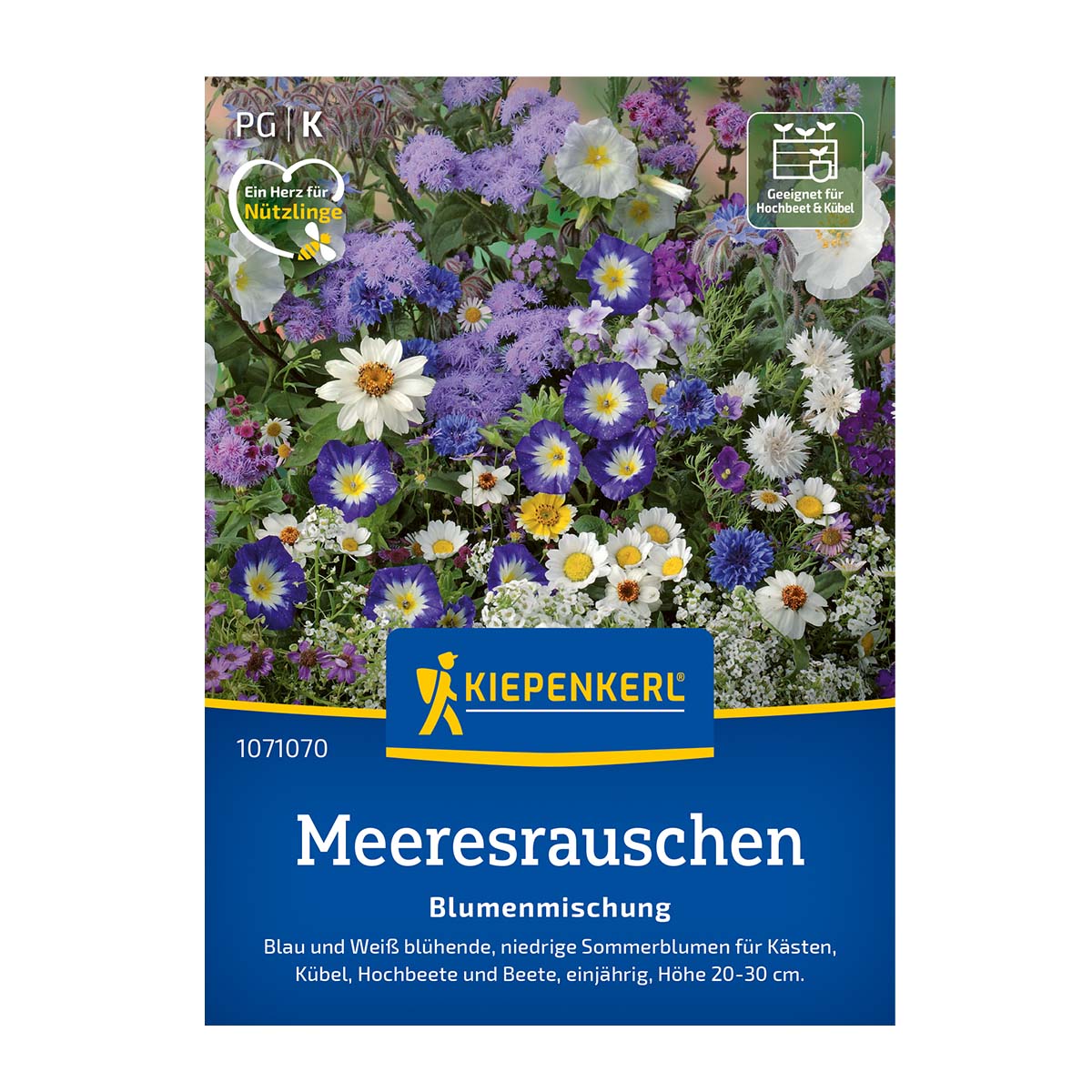 Kiepenkerl blomsterblanding til altan med blå, hvide og sarte gule/lilla nuancer; lavtvoksende sommerblomster som kornblomst og marguerit, velegnet til altankasser, krukker, højbede og lave bede (3-4 m²)