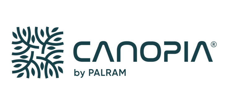 Canopia by Palram - logo Logo for Canopia by Palram med dekorativ bladgrafik og teksten "CANOPIA by PALRAM"