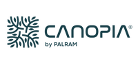 Canopia by Palram - logo Logo for Canopia by Palram med dekorativ bladgrafik og teksten "CANOPIA by PALRAM"