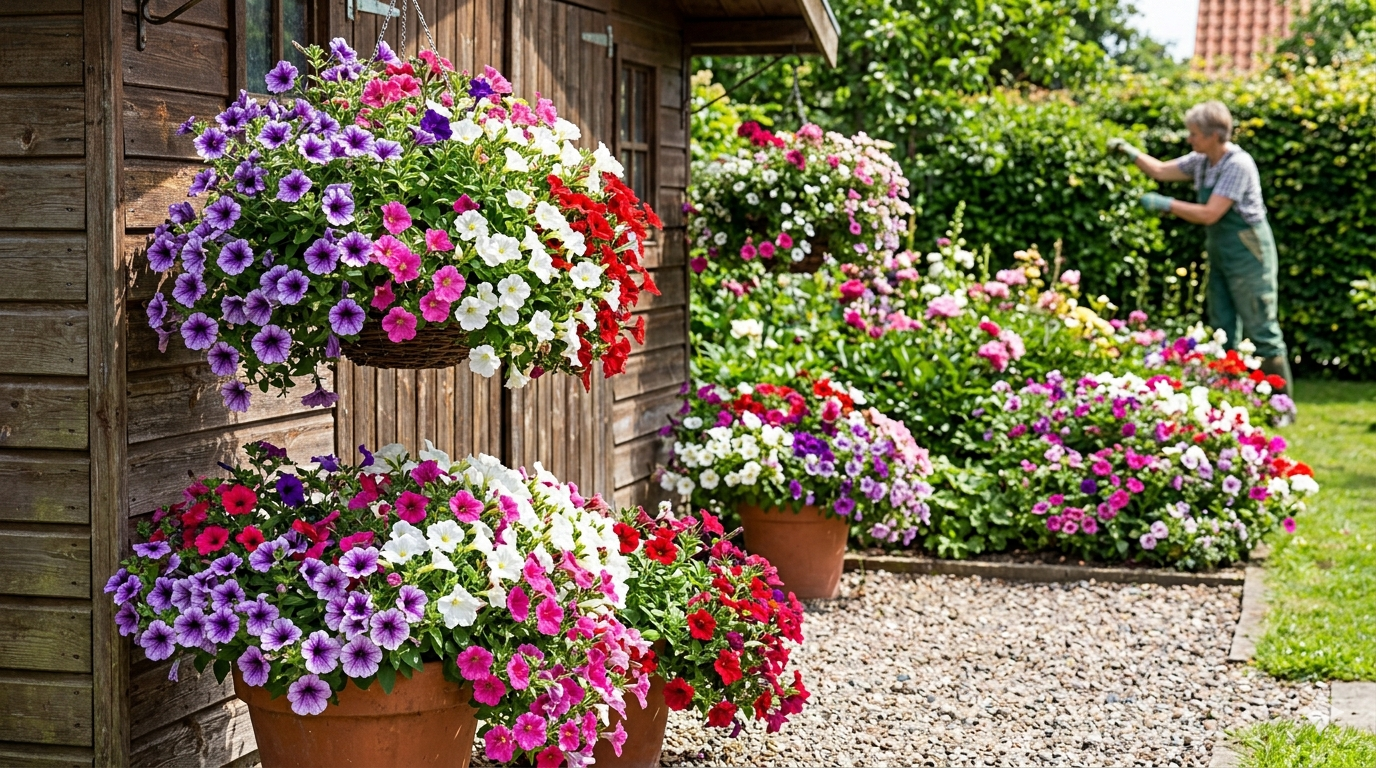 Nærbillede af farverige petuniaer i hængende kurv og terrakottakrukker ved et træskur, frodige blomsterbede og en gartner, der plejer en hæk i baggrunden