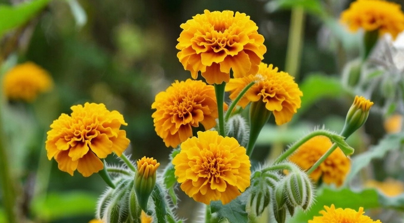 Tæt billede af orange-gule morgenfruer (Tagetes) med fyldige, bølgede kronblade og grønne, behårede stilke