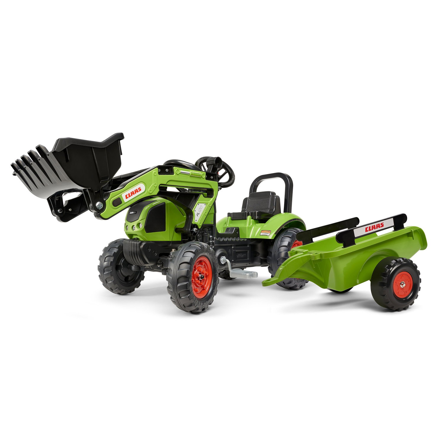 Grøn CLAAS pedaltraktor til børn med skovl og trailer