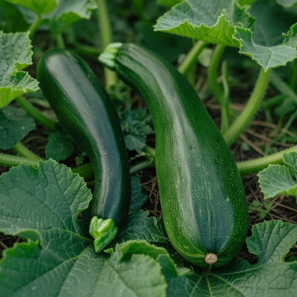 To mørkegrønne Black Beauty summer squash liggende blandt blade på planten, viser typisk form og farve – økologiske frø fra Buzzy Organic, høst ved 15–20 cm
