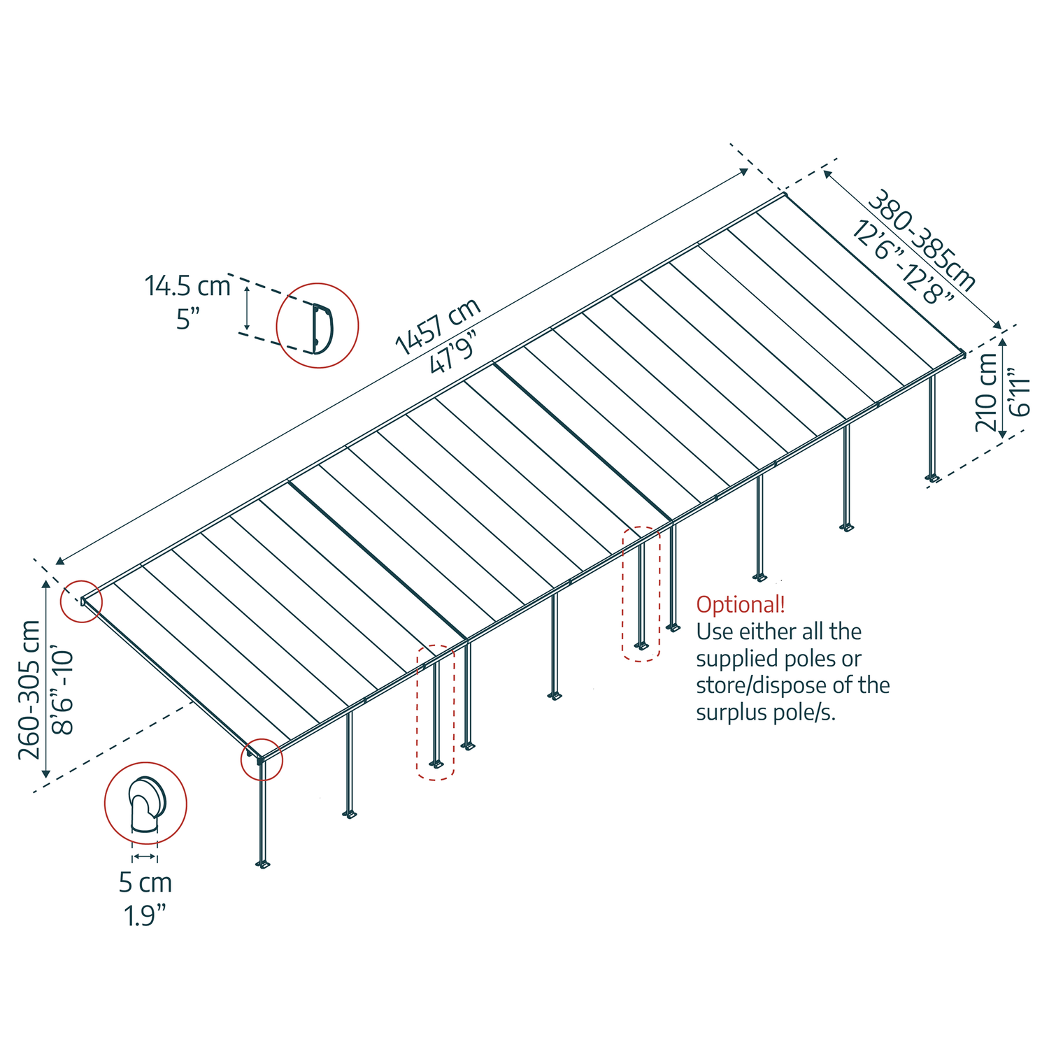 Illustration af pergola med mål og justerbare stolper
