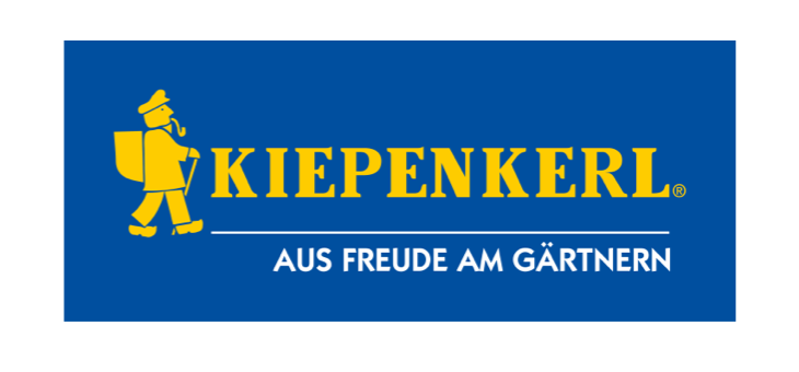 Kiepenkerl varemærkelogo i gult på blå baggrund med mottoet 'Aus Freude am Gärtnern'