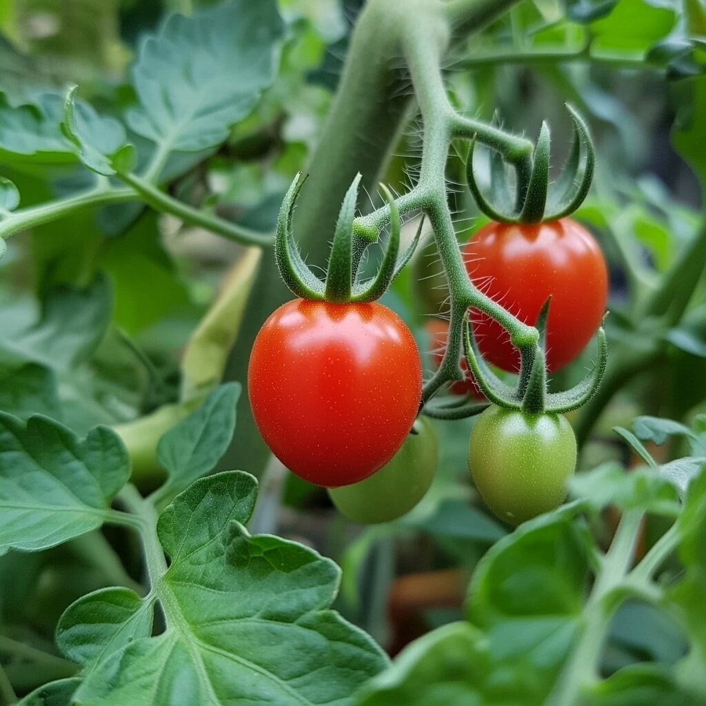 Økologisk Sweetie cherrytomat frø - Buzzy Organic Økologisk Sweetie cherrytomat på gren med modne røde og umodne grønne frugter, sød smag, velegnet til drivhus og friland – frø fra Buzzy Organic