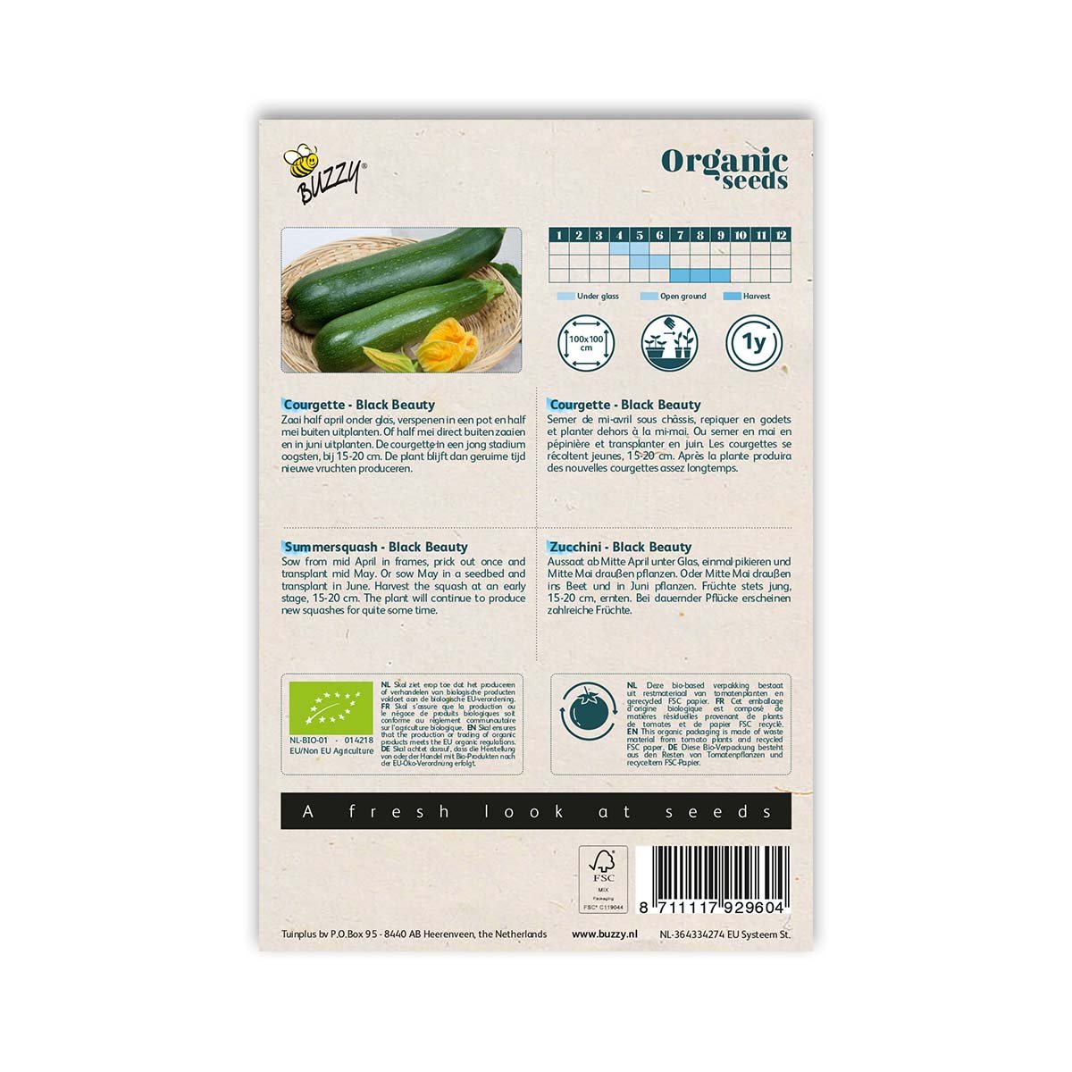 Bagside af pakke med økologiske courgettefrø