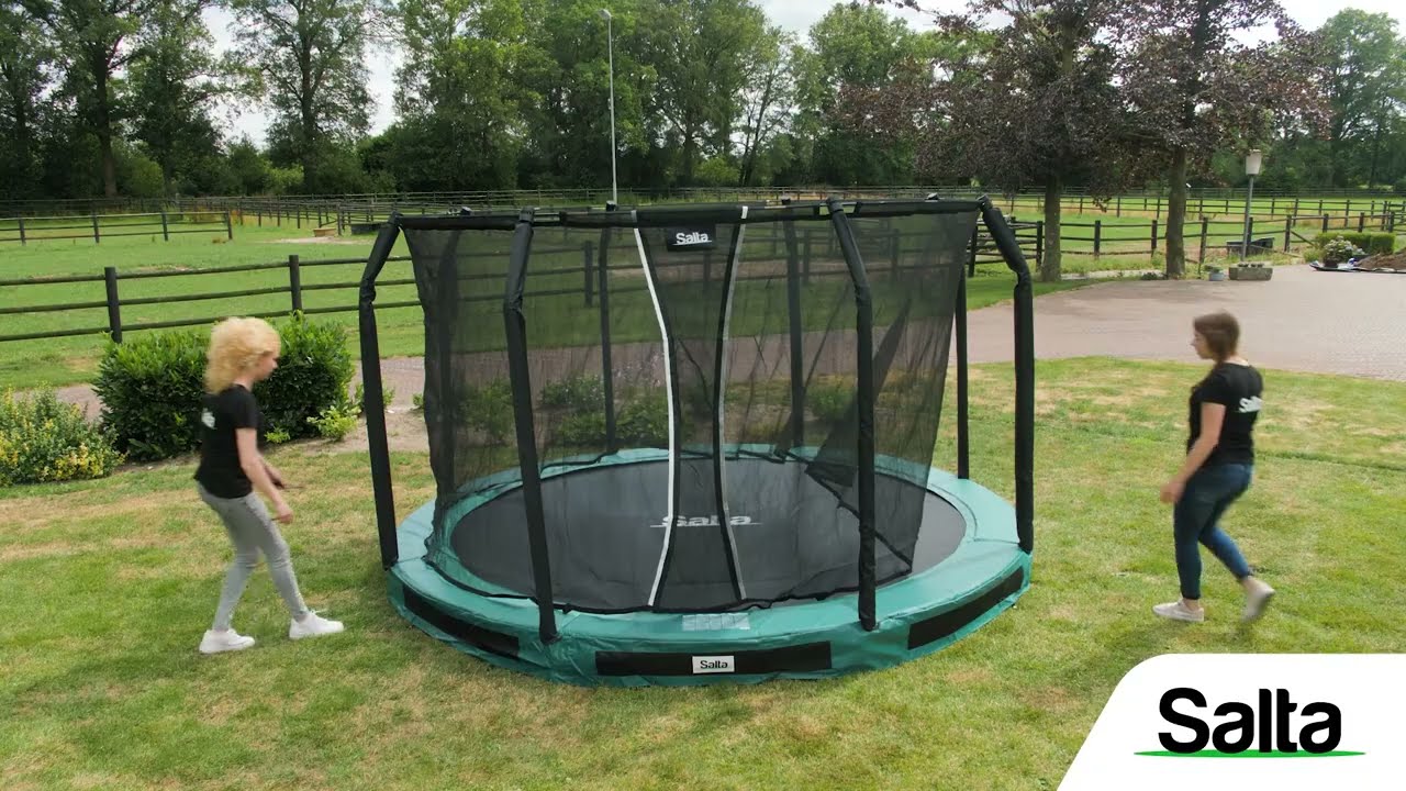 Salta Premium Ground trampolin Ø366 cm med sort sikkerhedsnet og grøn kant, inground nedgravningsmodel til haven, bæredygtige materialer