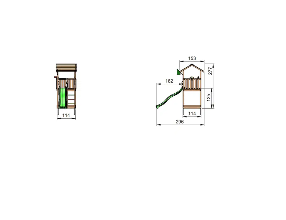 Jungle Gym Casa legetårn 2.1 m i trykimprægneret træ med blå rutsjebane, kompakt pladsbesparende design og målillustration – CE-godkendt