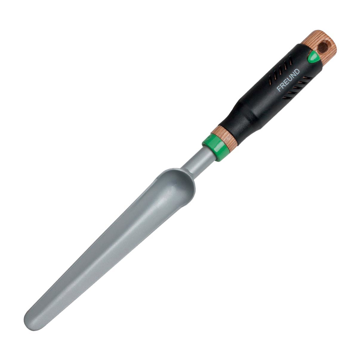 Freund priklestav/håndskovl 39 cm i pulverlakeret stål med ergonomisk træhåndtag og komfortpolstring, ideel til omplantning, udplantning og arbejde i potter og små bede