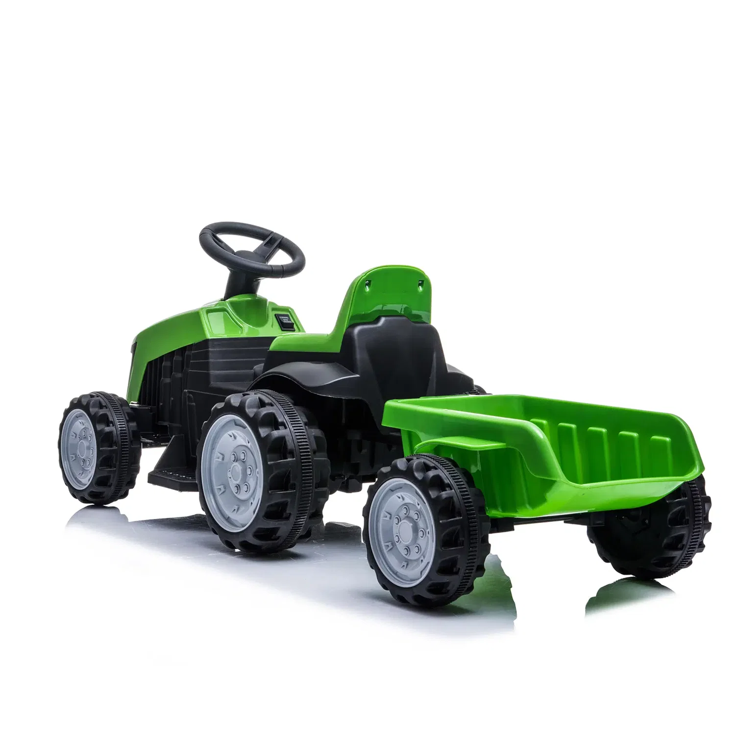Eltraktor med trailer NORDIC PLAY Speed grøn – 1 x 7,4V motor, til børn 2–6 år Grøn eltraktor med trailer fra Nordic Play Speed, batteridrevet (1 x 7,4V), frem- og bakgear, plads til legetøj og op til 25 kg brugervægt – ideel til børn 2–6 år