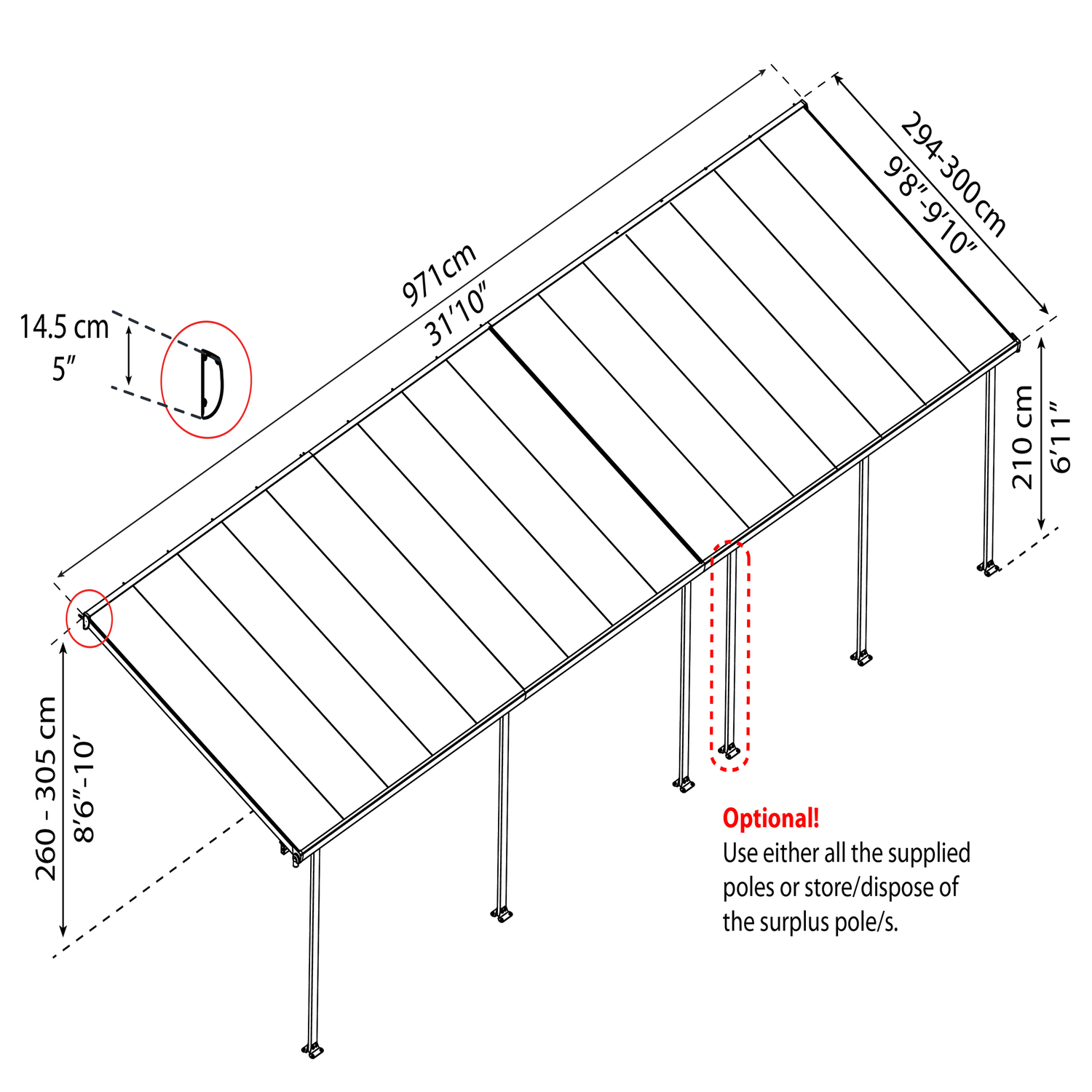 Diagram af justerbar terrasseoverdækning med mål