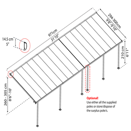 Diagram af justerbar terrasseoverdækning med mål