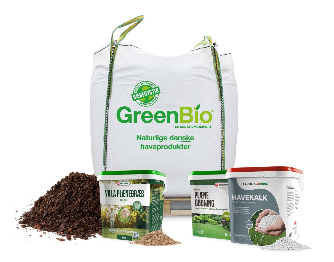 GreenBio naturlige danske haveprodukter Sæt med GreenBio jord, plænegødning og havekalk