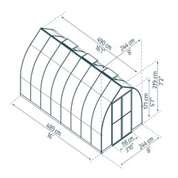Drivhus Bella 12 m² sølv Palram - klokkeformet 2,44x4,89 m, aluminiumramme og polycarbonatpaneler Teknisk tegning af Drivhus Bella 12 m² (sølv) fra Palram - klokkeformet design med dobbelte døre, målene 244 x 489 cm, højde 219 cm, rustfri aluminiumramme, dobbeltvæggede polycarbonatpaneler og galvaniseret stålbase