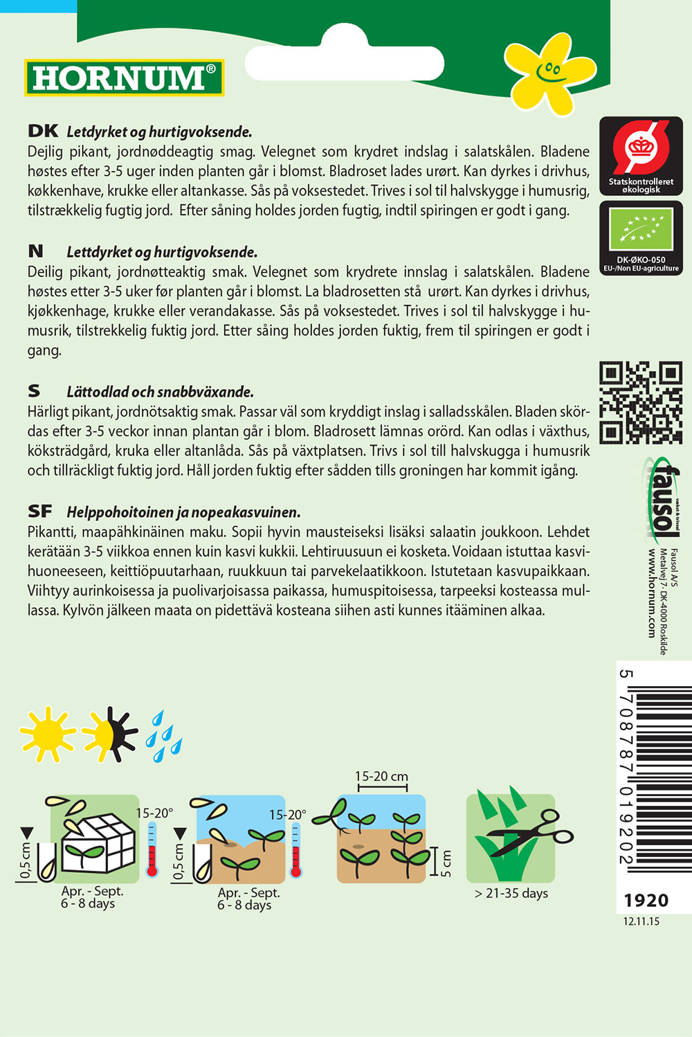 Bagside af Hornum frøpose med vejledning og ikoner