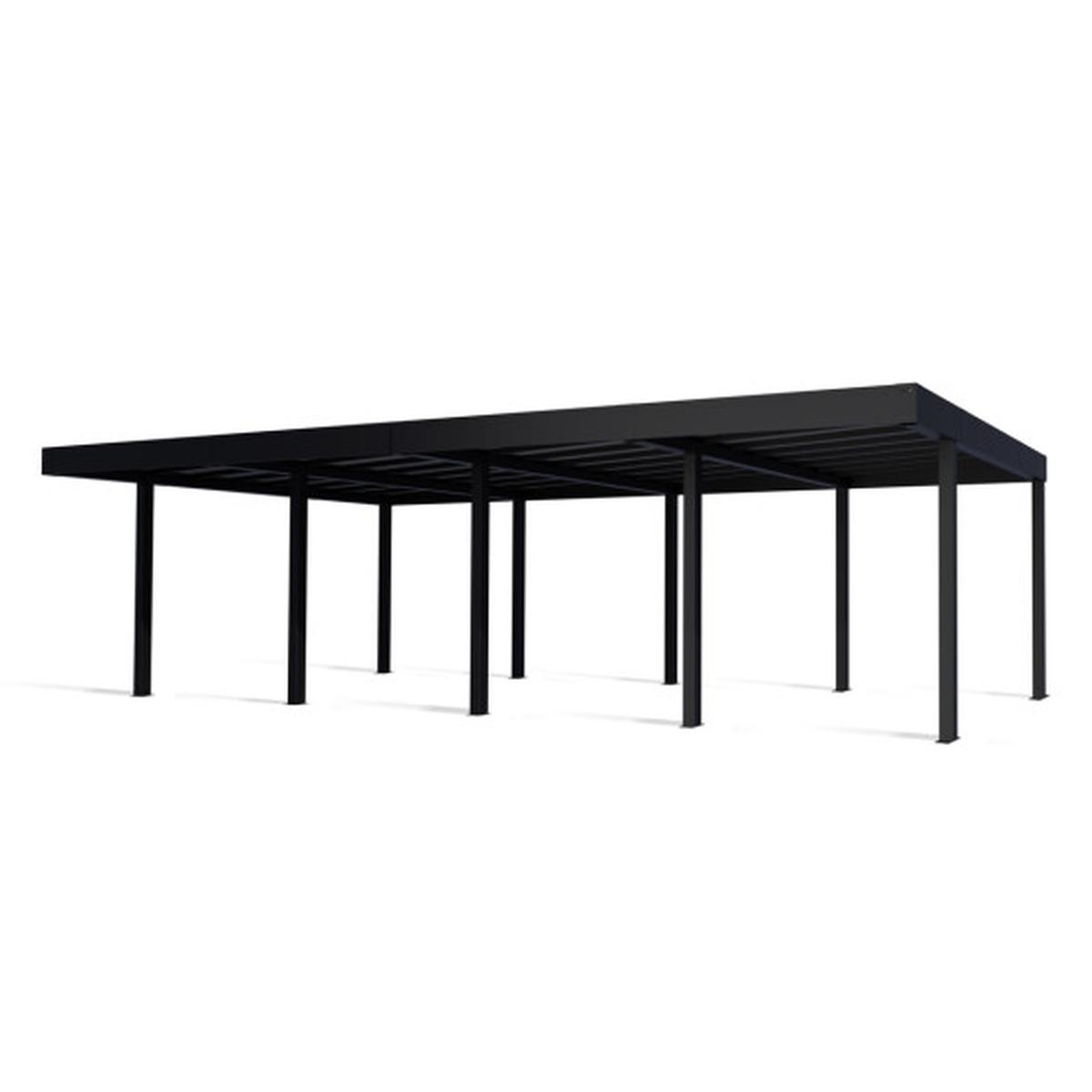 Stor sort carport i metal med fladt tag