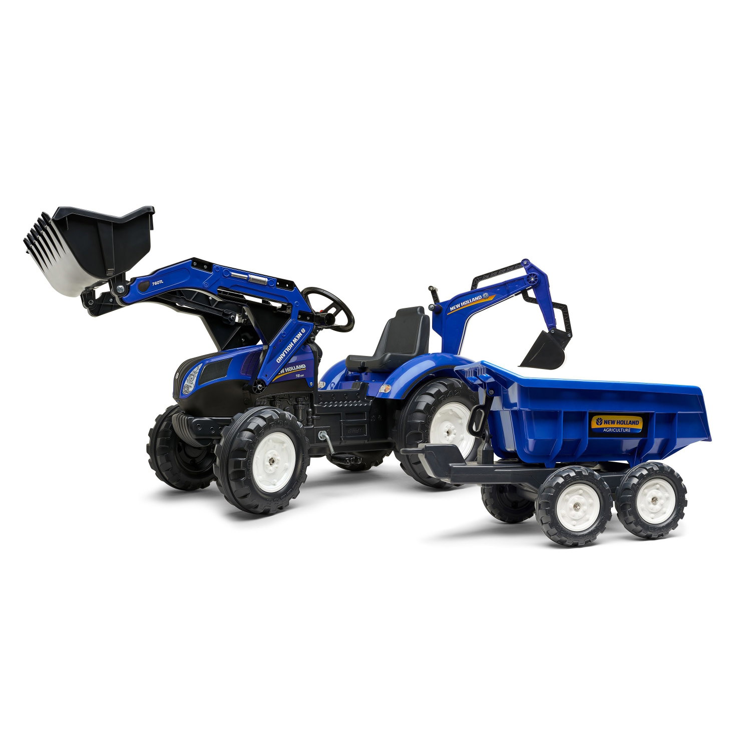 Blå New Holland pedaltraktor med trailer Blå New Holland pedaltraktor med frontlæsser og trailer