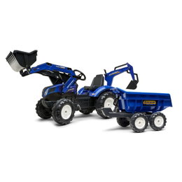 Blå New Holland pedaltraktor med trailer Blå New Holland pedaltraktor med frontlæsser og trailer
