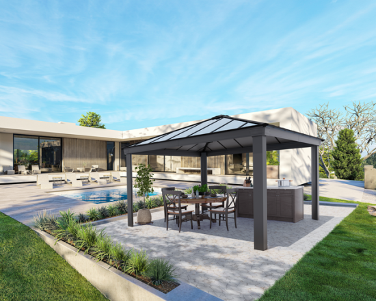 Moderne havepavillon med spiseområde Stor alu-havepavillon med bord og stole ved pool