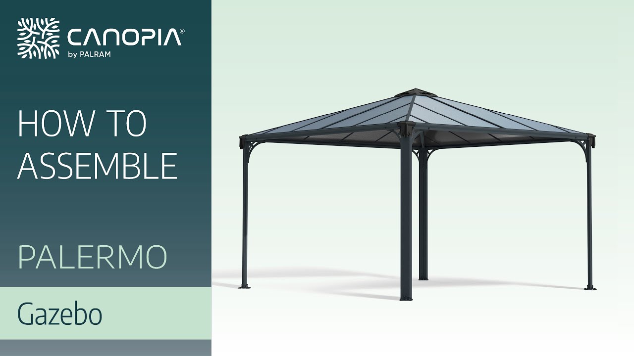 Sekskantet Drivhus - 4 m2 | Canopia by Palram Visuel montageillustration af Sekskantet Drivhus - 4 m2 fra Canopia by Palram (Palermo-inspireret pavillon), antracit ramme og toplagspaneler, produktbillede til montagevejledning