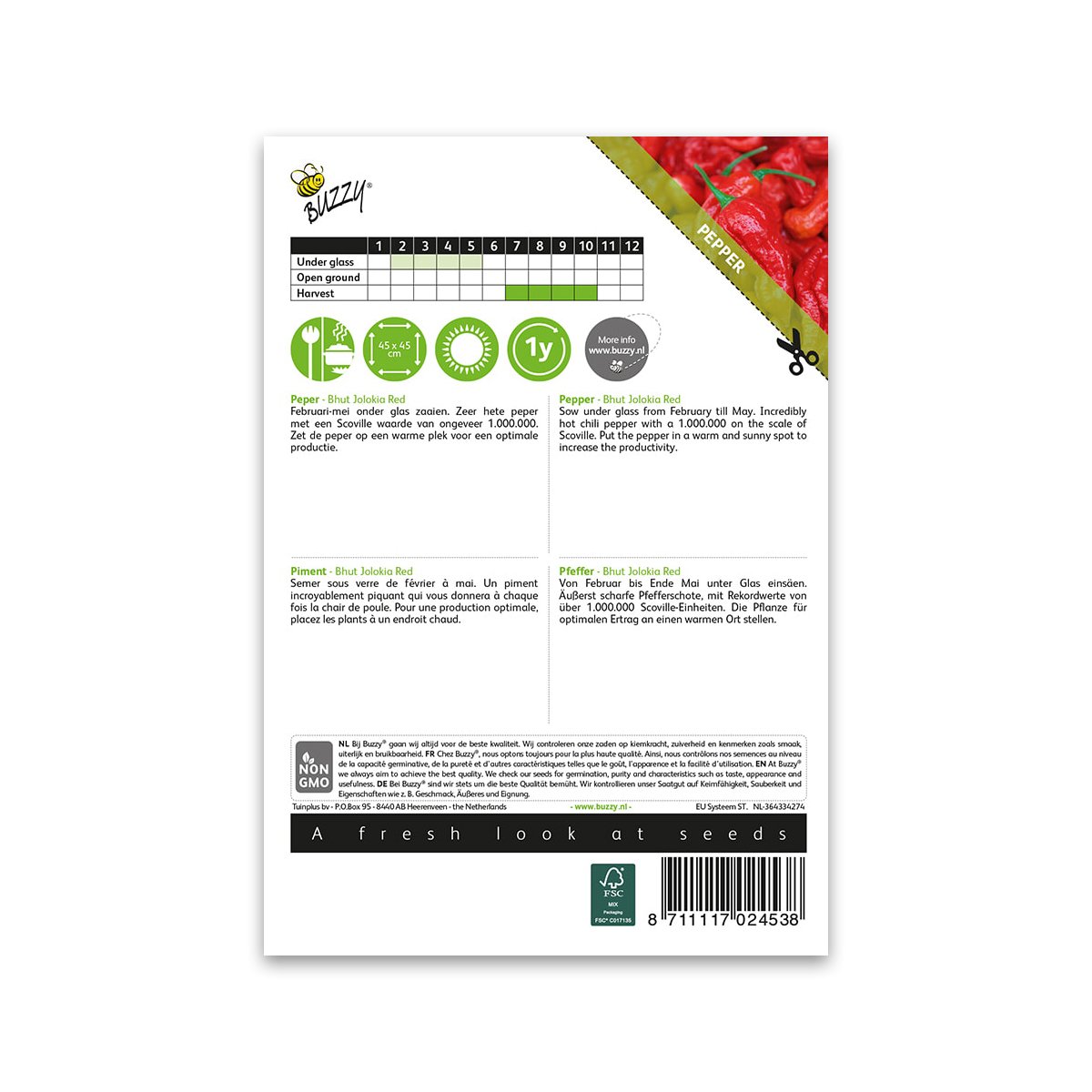 Bagside af Buzzy Seeds Bhut Jolokia Red chilifrø pose