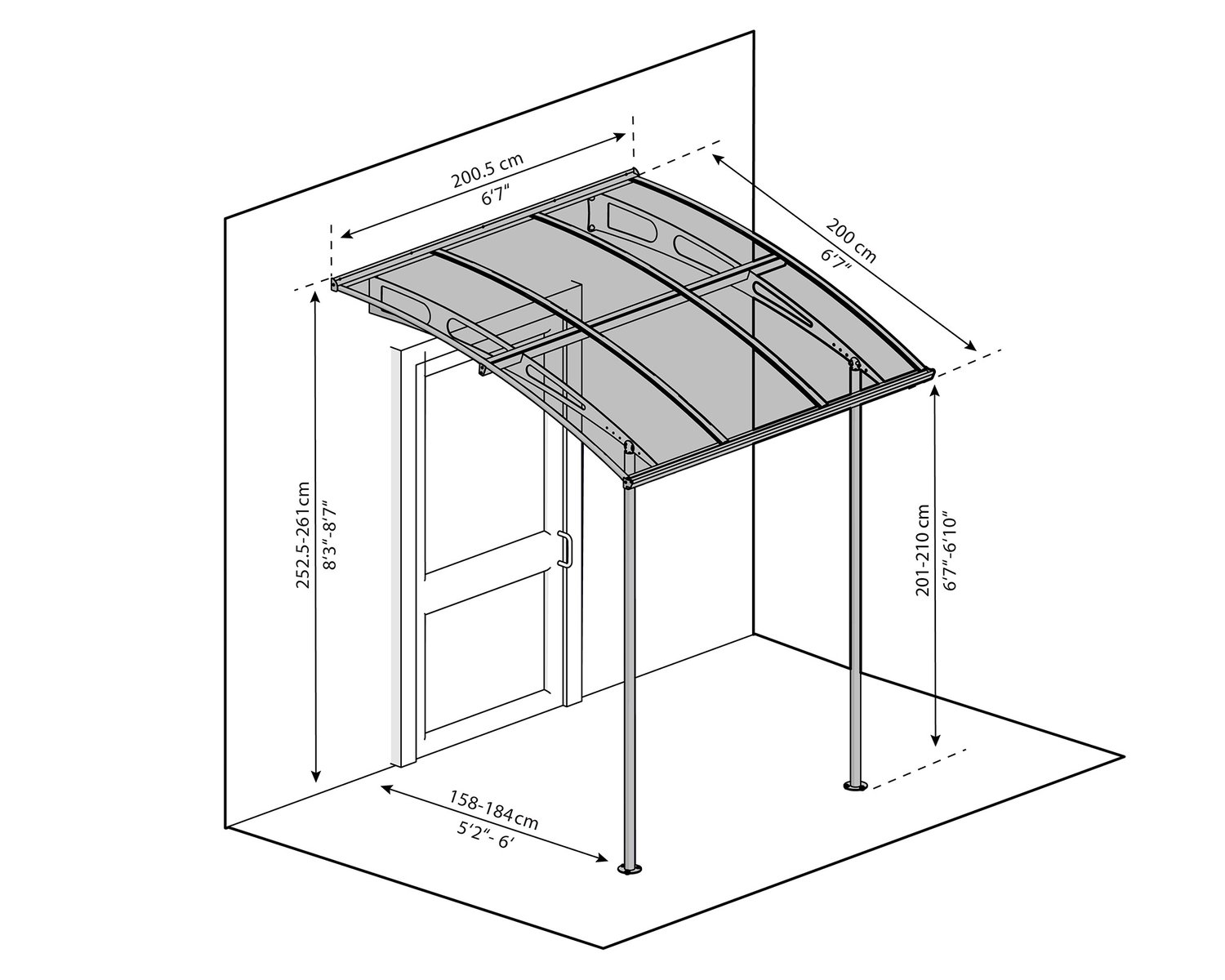Illustration af mål på buet overdækning til dør