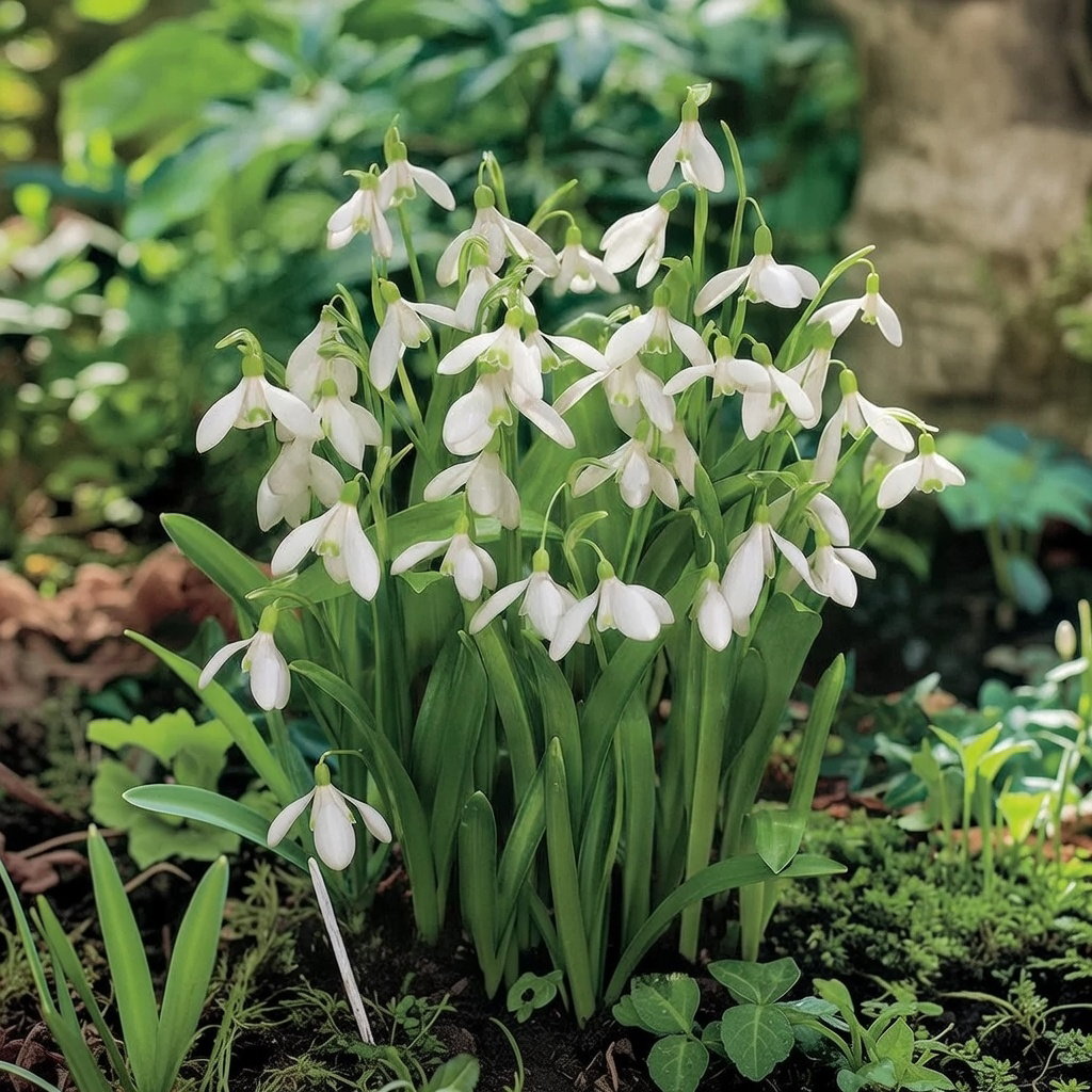 Nærbillede af Vintergæk (Ikaria) i blomst med smalle hvide kronblade og grøn midte, pakket som 10 løg fra Sperli, velegnet til sol eller halvskygge og naturaliserer sig let
