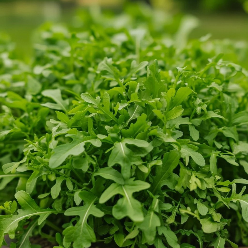 Nærbillede af frisk økologisk rucola (Buzzy Organic) med karakteristiske grønne, takkede blade; velegnet til salater, pizza og som krydderurt. Tips: sås frilands fra marts, kuldetolerant og selvudsående.