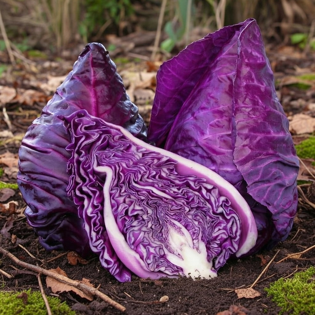 Rødt spidskål 'Kalibos' skåret over, viser intens rød indre struktur; kegleformet, mild og sød i smagen. Frø fra Horti Tops – forspiring feb–mar, udplantning apr–maj.