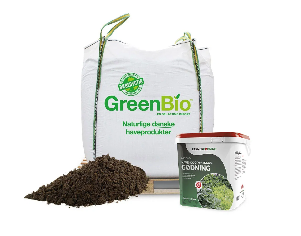 Stor sæk GreenBio jord og spand med gødning