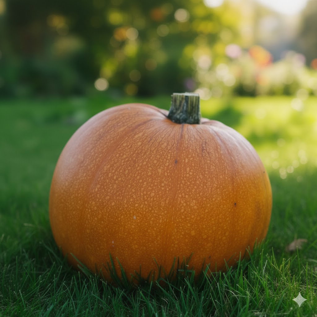 Orange Jack O' Lantern græskar på græs, illustrerer økologiske græskarfrø fra Buzzy Organic, nemme at dyrke til Halloween-pynt eller spisning